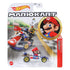 Hot Wheels Mario Kart toy package front showing Mario in a blue and white Circuit Special kart with yellow wheels, set against a racing track background with Bowser and Luigi.