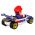 Rear angled view of Hot Wheels Mario Kart diecast showing Mario in a blue and white Circuit Special kart with detailed spoiler, Mushroom Piston engine, and yellow-spoked wheels.