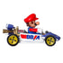 Side profile of Hot Wheels Mario Kart diecast featuring Mario in red cap driving a blue and white Circuit Special kart with gold exhaust pipes, BB/A side logo, and yellow wheels.