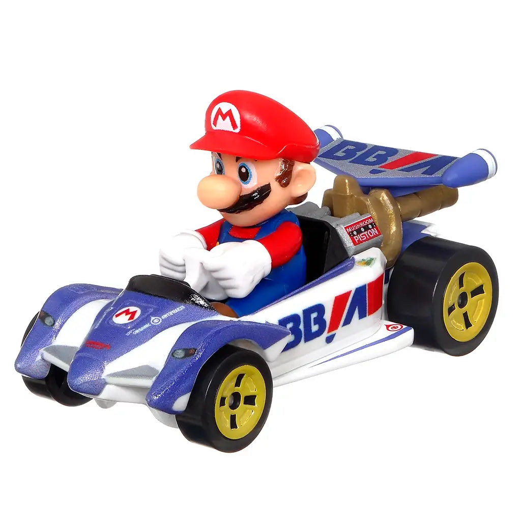 Hot Wheels Mario Kart diecast car featuring Mario in a red cap driving a blue and white Circuit Special kart with yellow wheels, detailed with Mushroom Piston engine parts.