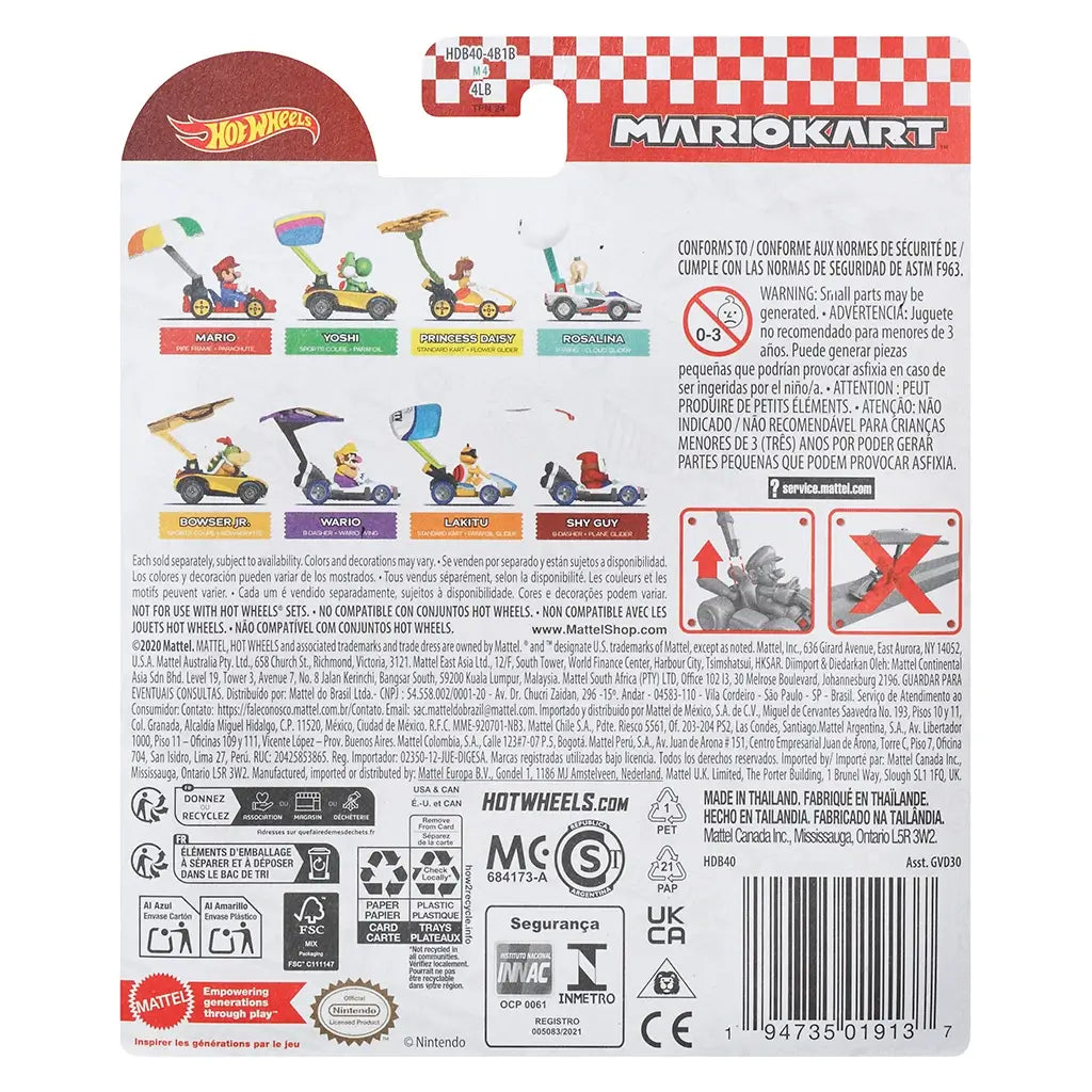 Back packaging of Hot Wheels Mario Kart toy set showing multiple character vehicles like Mario, Yoshi, Daisy, Rosalina, and Bowser Jr., with warnings and details.