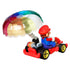 Rear angled view of Hot Wheels Mario Kart diecast showing Mario driving a red pipe frame kart with yellow wheels and a large multicolored parachute glider above.