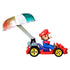 Hot Wheels Mario Kart diecast car featuring Mario in a red and blue pipe frame kart with bright yellow wheels and a raised rainbow parachute glider attachment.