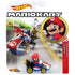 Hot Wheels Mario Kart die-cast toy shows red, blue, and white Mario driving his standard kart, packaged on a racing-scene card with track graphics and bold character art inside a clear blister display.