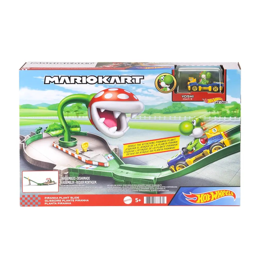 Retail box of Hot Wheels Mario Kart Piranha Plant Slide track set featuring large red plant, Yoshi in a blue kart, and bright graphics with official Mattel and Hot Wheels branding.