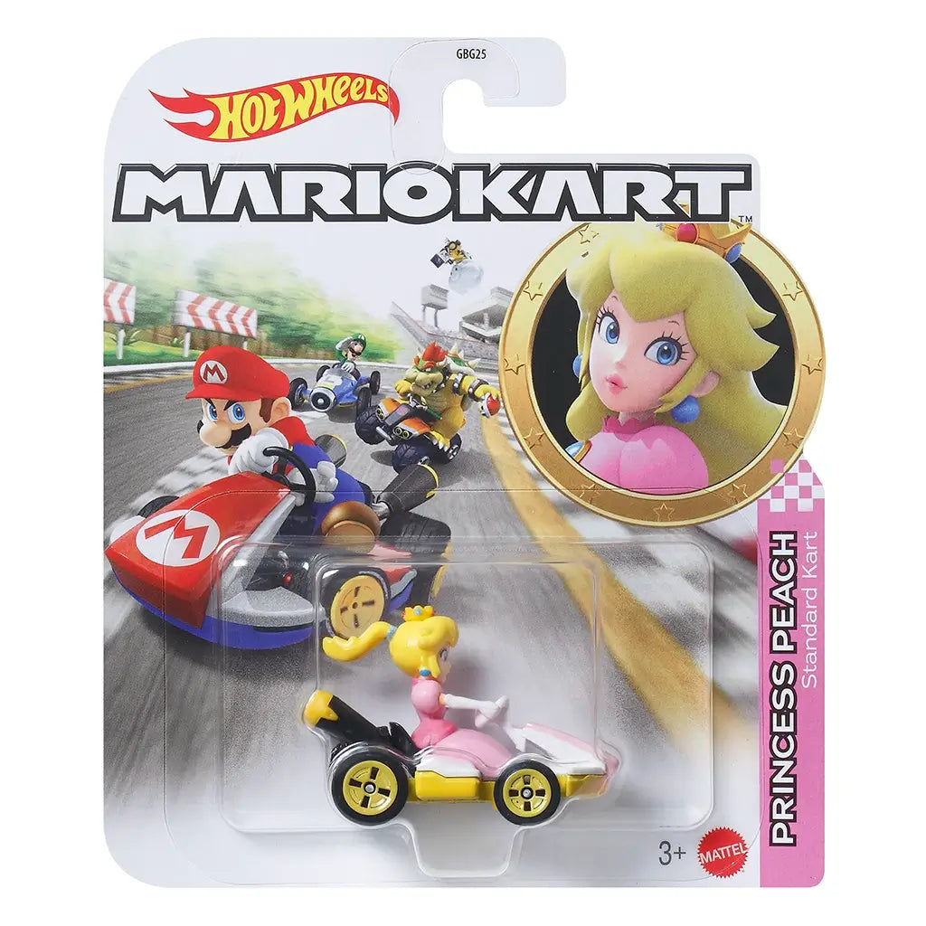 Hot Wheels Mario Kart Princess Peach Standard Kart retail package with clear blister, showing the pink and yellow kart toy inside, Mario Kart artwork, Princess Peach portrait, and Hot Wheels branding on a carded front.