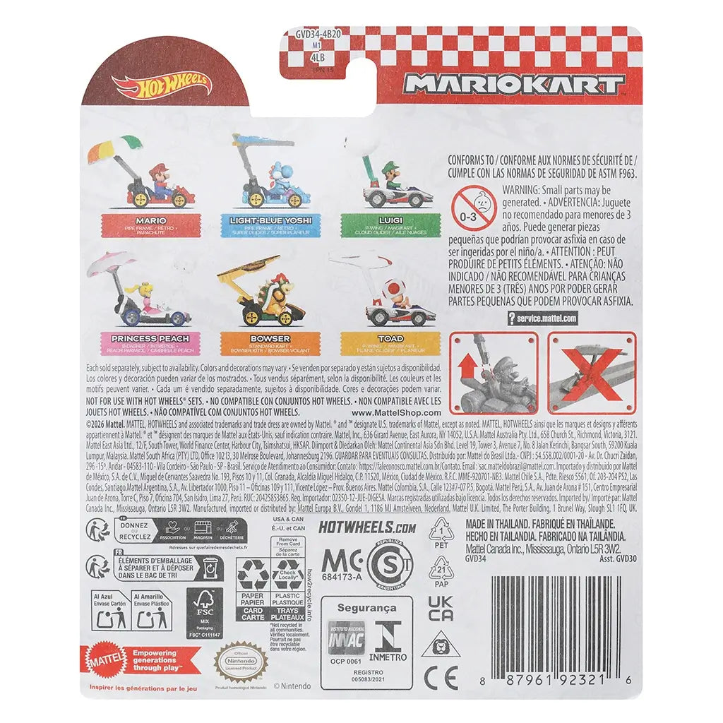 Back of Hot Wheels Mario Kart toy packaging shows character lineup including Mario, Luigi, Yoshi, Princess Peach, Bowser, and Toad with safety warnings and product details.