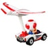 Hot Wheels Mario Kart Toad diecast car features a glossy white body with red trim, black wheels, and a raised plane glider wing in red and white attached to the rear.