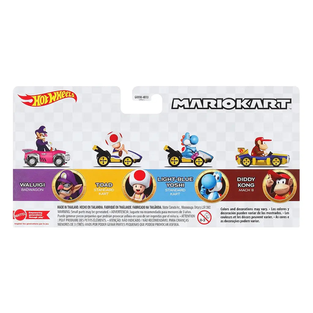 Hot Wheels Mario Kart 4-pack package back features Waluigi, Toad, Light-Blue Yoshi, and Diddy Kong in karts with character art, vehicle names, and safety details.