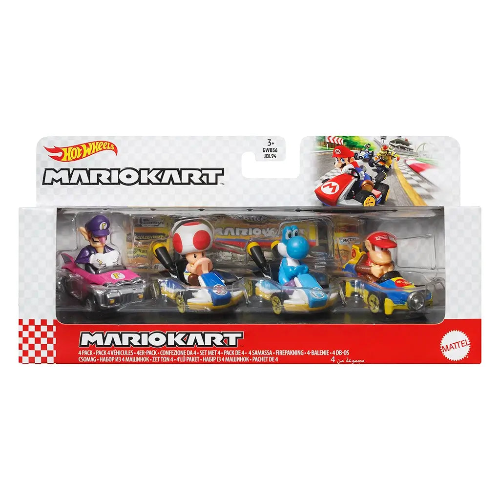Hot Wheels Mario Kart 4-pack front package shows Waluigi, Toad, Light-Blue Yoshi, and Diddy Kong in detailed karts displayed in a clear box with racing artwork.