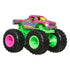 Hot Wheels Monster Truck in neon green with zebra stripes and pink details features oversized black tires, colorful accents, and bold decals, highlighting its playful, vibrant design.