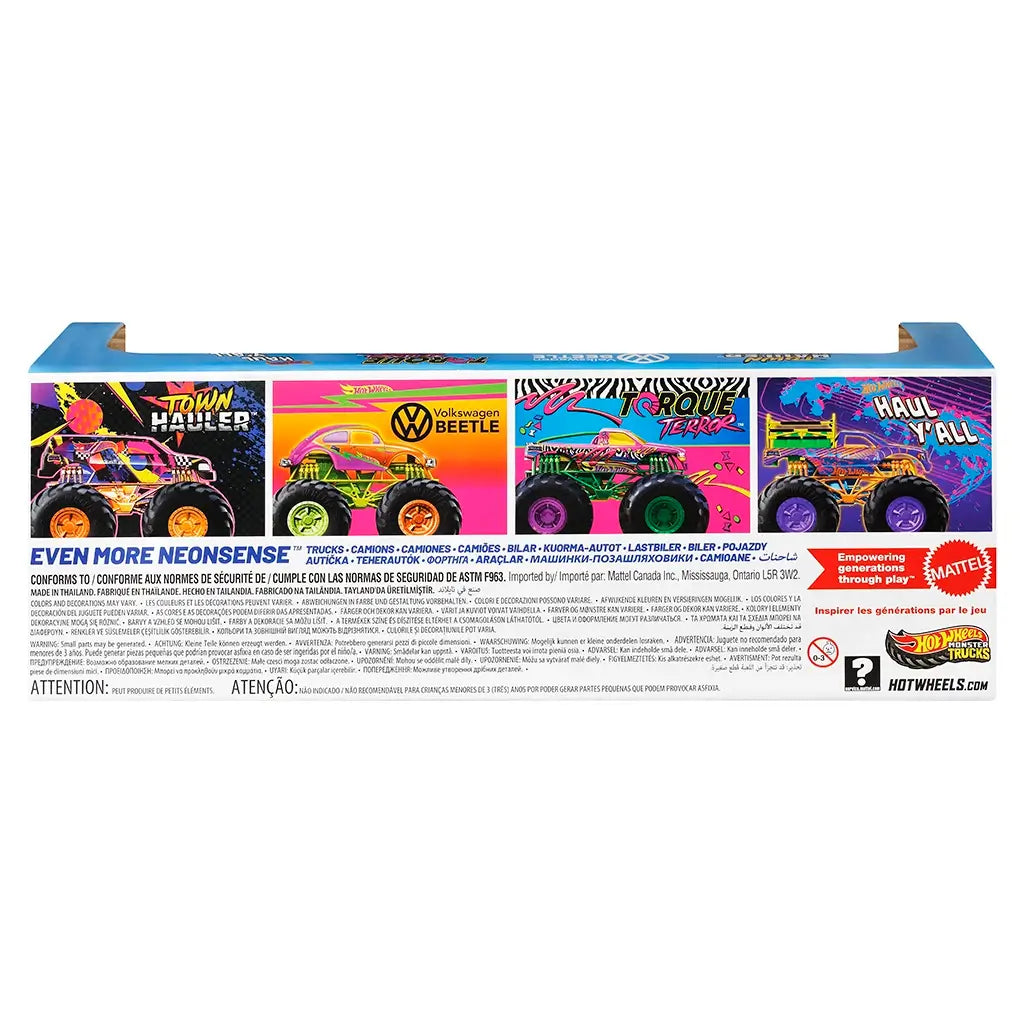 Hot Wheels Monster Trucks Even More Neonsense package back shows four neon trucks, including Volkswagen Beetle, with bold graphics and bright colors against a vibrant design.