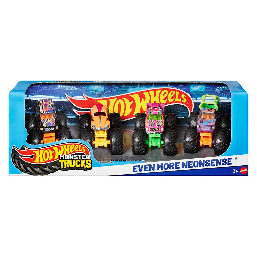 Hot Wheels Monster Trucks Even More Neonsense front package displays four brightly colored neon trucks in a window box, featuring bold tires and striking neon-themed graphics.