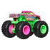 Hot Wheels neon monster truck rear angled view shows vivid green frame, pink zebra-striped body, and oversized black tires with alternating neon green and pink wheel inserts.