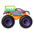 Hot Wheels Monster Truck side view features purple and orange body with neon green cage, oversized black tires, and bold blue flame graphics for a striking, colorful appearance.