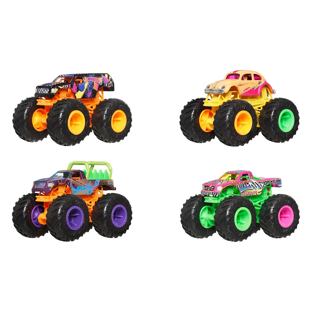 Hot Wheels Even More Neonsense set includes four neon monster trucks with oversized wheels, each decorated with vivid patterns and colors, showcasing a bold collectible toy set.