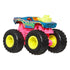Hot Wheels Monster Truck toy with blue body, neon pink frame, yellow engine, and black oversized tires with bright yellow rims, designed for kids’ imaginative racing play.