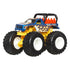 Hot Wheels Haul Y’All monster truck with blue cab, flame graphics, yellow chassis, oversized black tires with white rims, and rugged pickup design built for racing excitement.