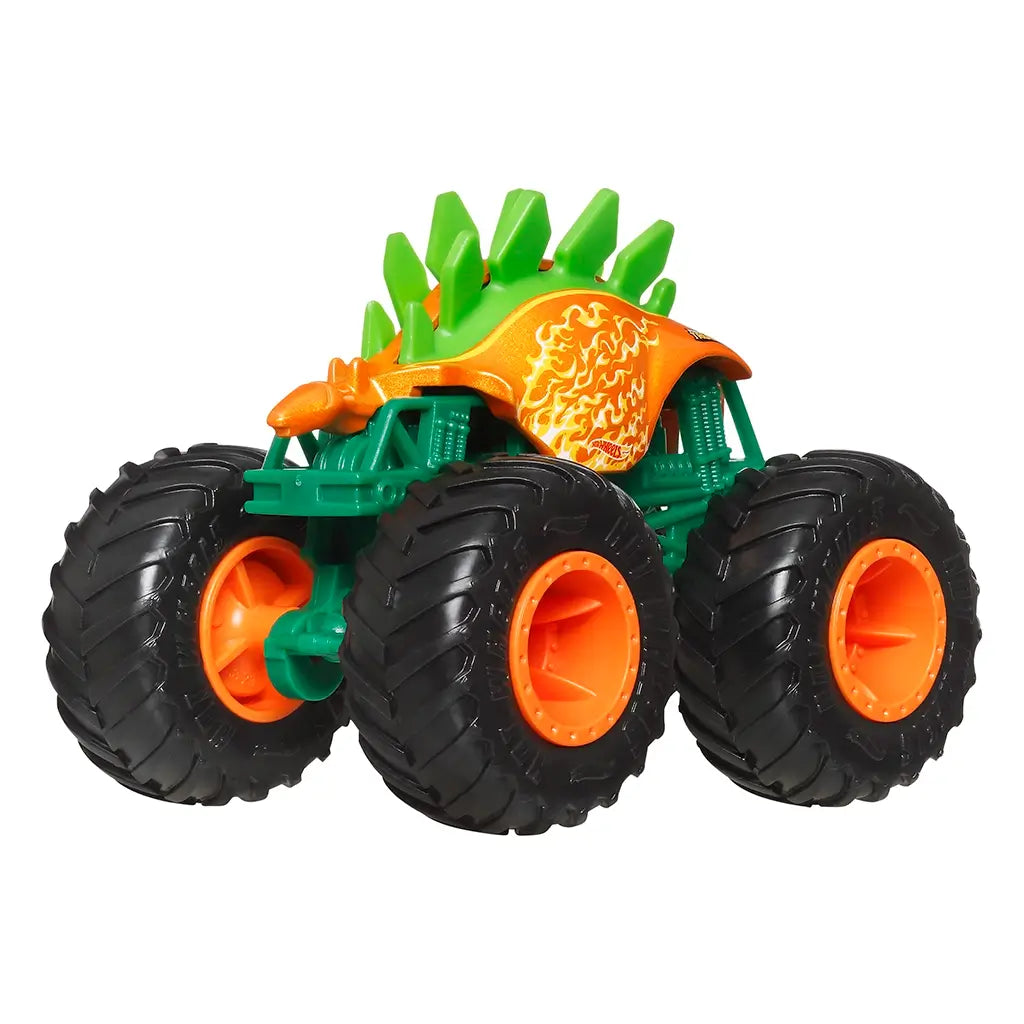 Hot Wheels Motosaurus monster truck with orange spiked dinosaur body, green frame, oversized black wheels, and orange rims, combining prehistoric style with racing power.
