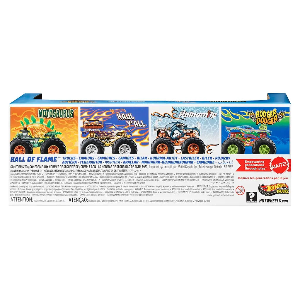 Back of Hot Wheels Monster Trucks Hall of Flame pack showing illustrations of Motosaurus, Haul Y’All, Rhinomite, and Rodger Dodger trucks with bold flame graphics and details.
