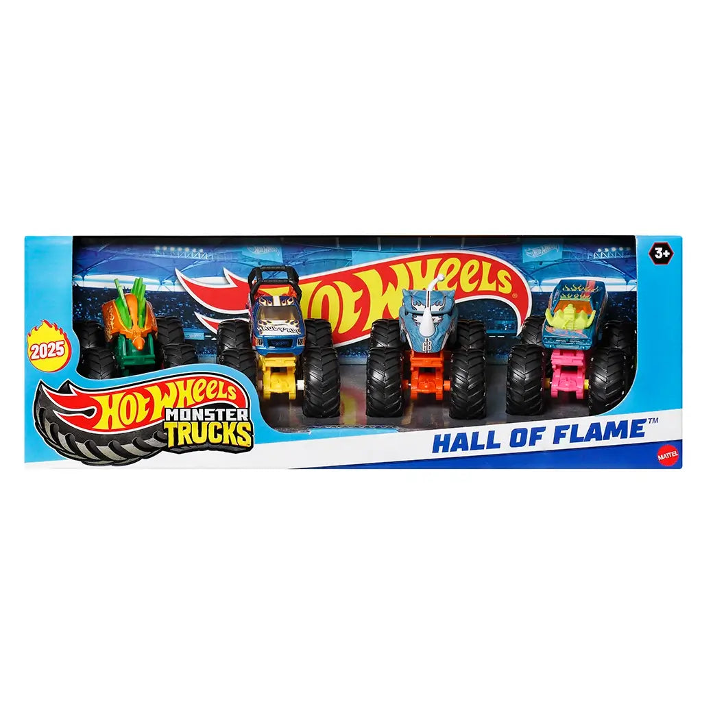 Front packaging of Hot Wheels Monster Trucks Hall of Flame 4-pack showcasing four detailed monster trucks with bold designs inside a blue display box with Hot Wheels logo.
