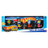 Front packaging of Hot Wheels Monster Trucks Hall of Flame 4-pack showcasing four detailed monster trucks with bold designs inside a blue display box with Hot Wheels logo.