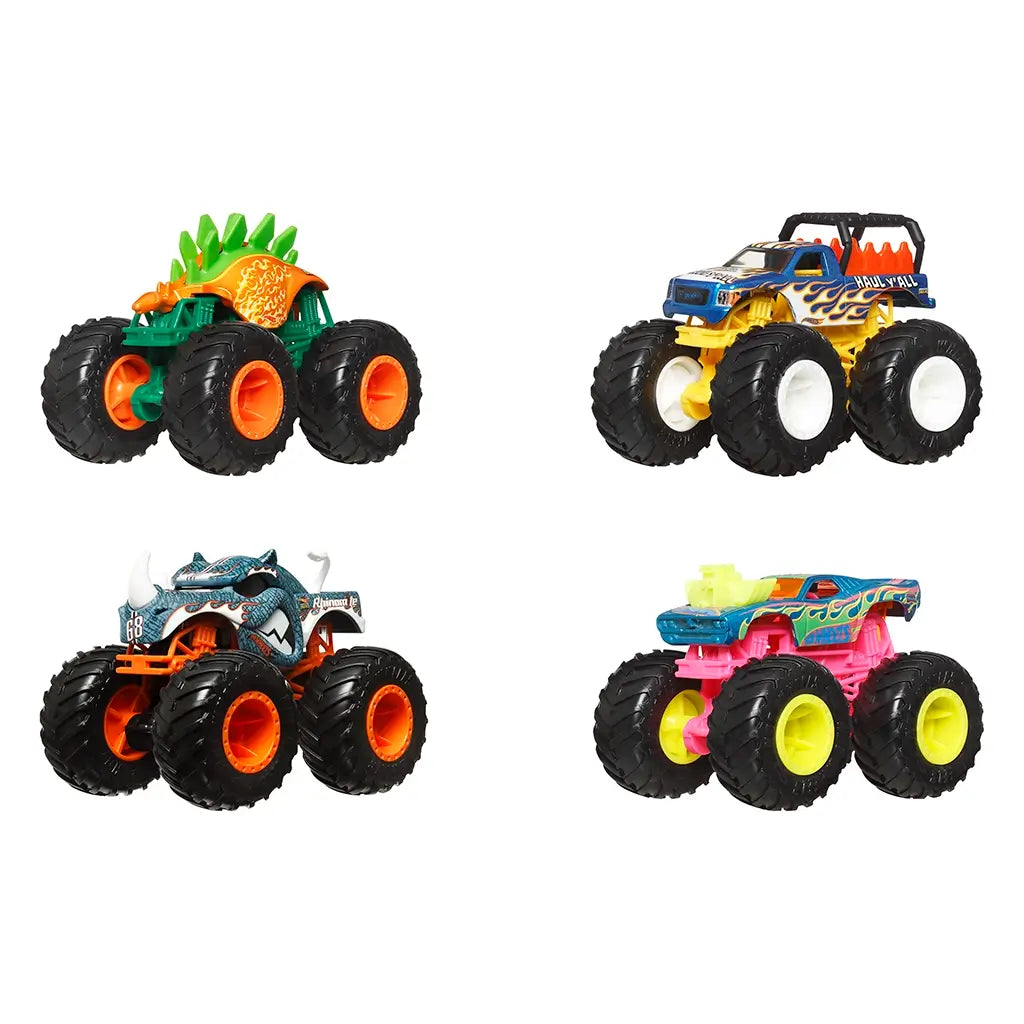 Set of four Hot Wheels monster trucks including dinosaur, rhino, flame pickup, and neon car, each with oversized black tires and colorful body designs for collectible racing fun.