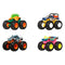 Set of four Hot Wheels monster trucks including dinosaur, rhino, flame pickup, and neon car, each with oversized black tires and colorful body designs for collectible racing fun.