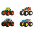 Set of four Hot Wheels monster trucks including dinosaur, rhino, flame pickup, and neon car, each with oversized black tires and colorful body designs for collectible racing fun.