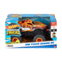 Hot Wheels Monster Trucks Tiger Shark RC in original packaging, featuring bold tiger shark graphics, large orange wheels, and text promoting terrain action tires and 2.4 GHz control.