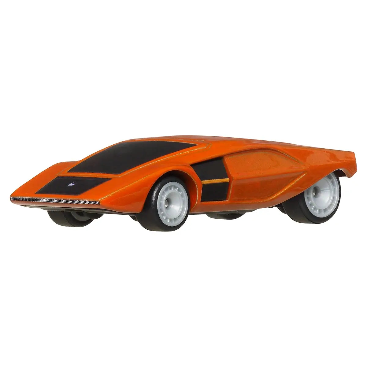 Hot Wheels Premium Lancia Stratos Zero in orange, showing futuristic wedge design with black windows and silver wheels, 1:64 scale die-cast model vehicle.