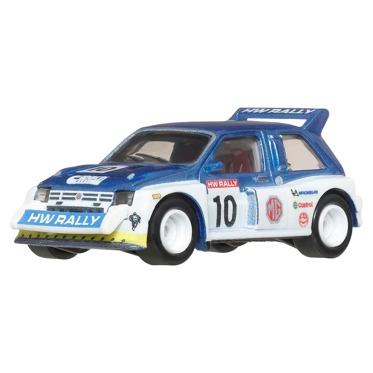 Hot Wheels Premium MG Metro 6R4 rally car in 1:64 scale with blue and white paint, number 10 decals, and sponsor logos, part of the HW Rally series.