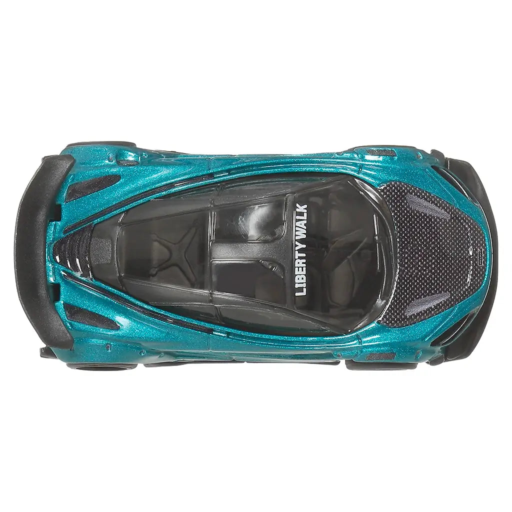Top view of a blue Hot Wheels toy car with 'Liberty Walk' branding on a white background