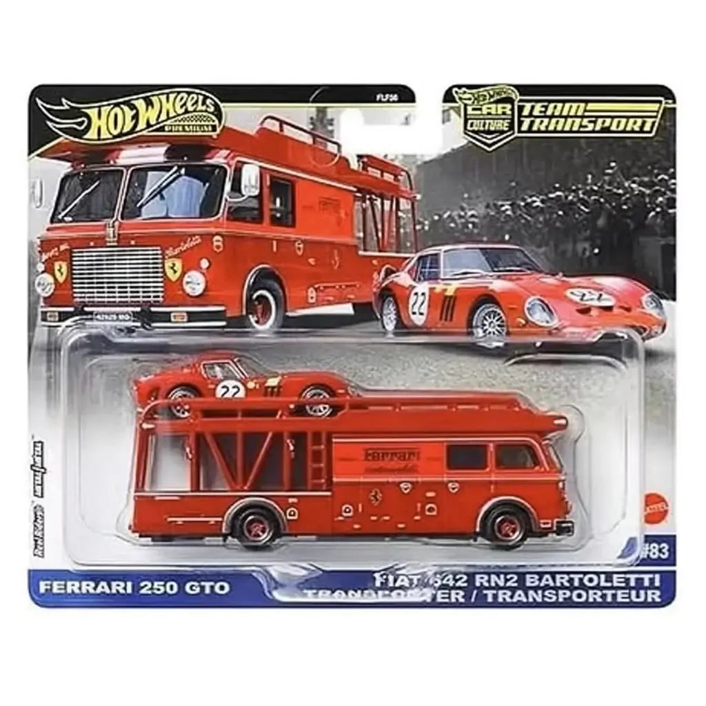 Ferrari 250 GTO transporter packaging shows the red metal Fiat 642 RN2 Bartoletti with the detailed 250 GTO on top in a clear blister, backed by racing artwork highlighting its motorsport theme.