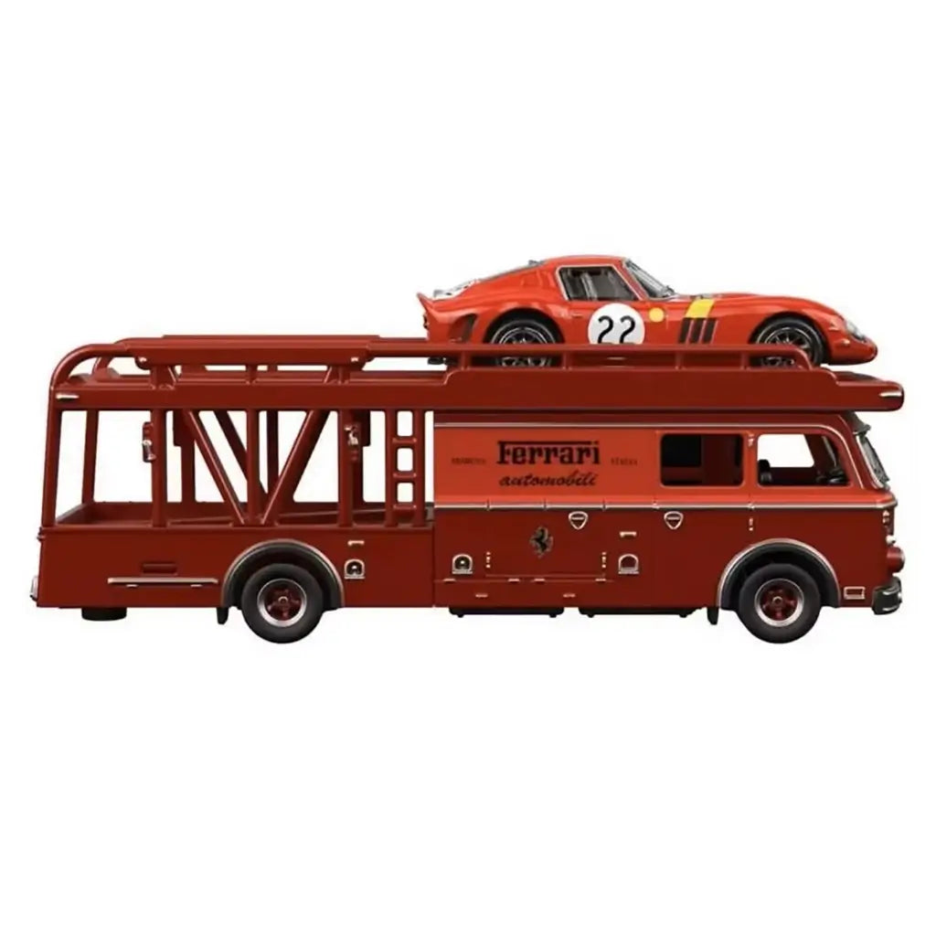 Ferrari 250 GTO transporter set displays the red metal Fiat 642 RN2 Bartoletti’s long open-frame profile with the streamlined 250 GTO secured above, presented cleanly against a plain white backdrop.