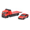 Hot Wheels Toyota AE86 set shows a bright red metal tow truck with smooth flatbed panels and compact boxy form beside a matching AE86 coupe, both positioned on a plain white background for clear viewing.