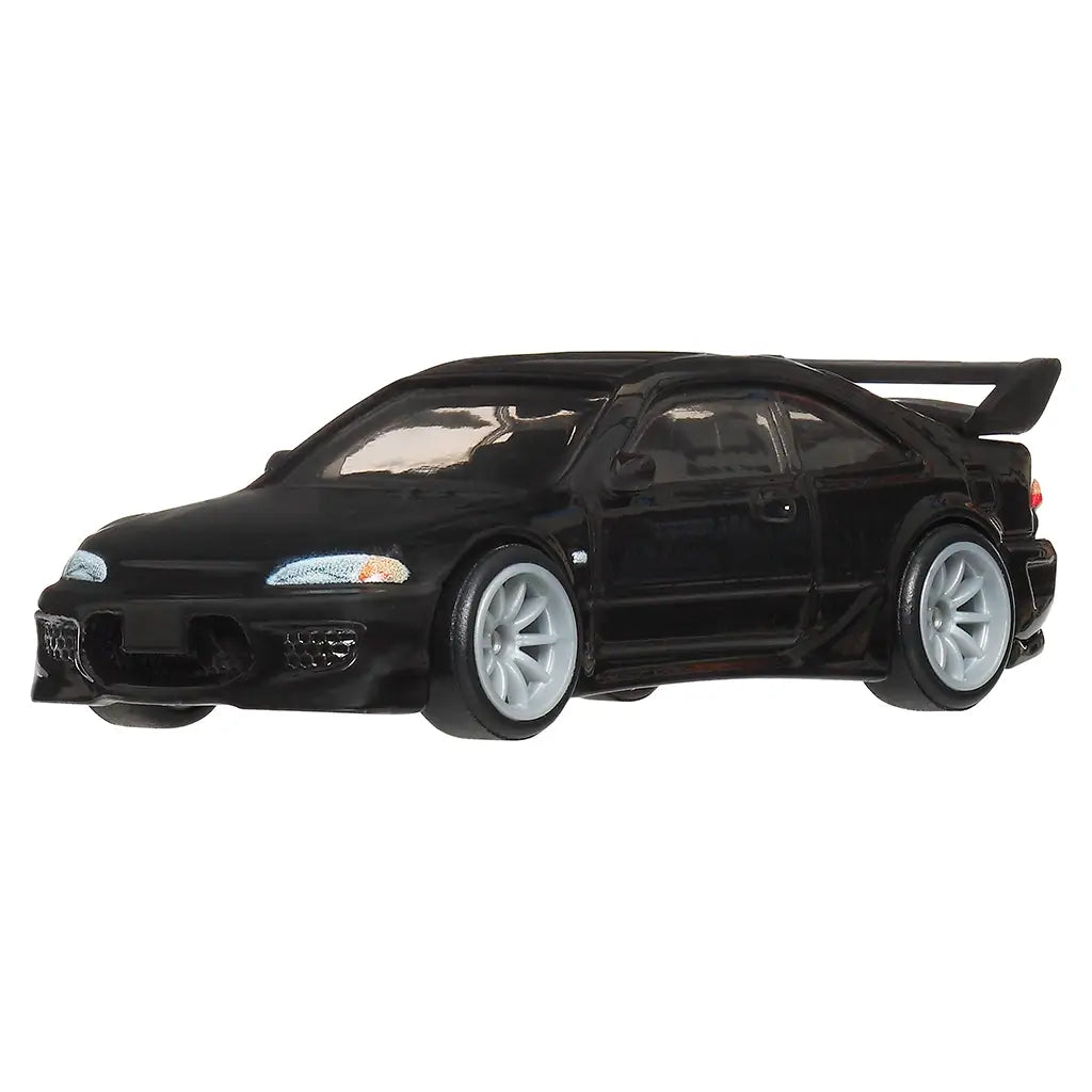 Hot Wheels Honda Civic diecast car in glossy black metal with smooth detailed body, low coupe profile, silver alloy-style wheels, front bumper vents, and rear wing, photographed at an angled view on a white studio background.