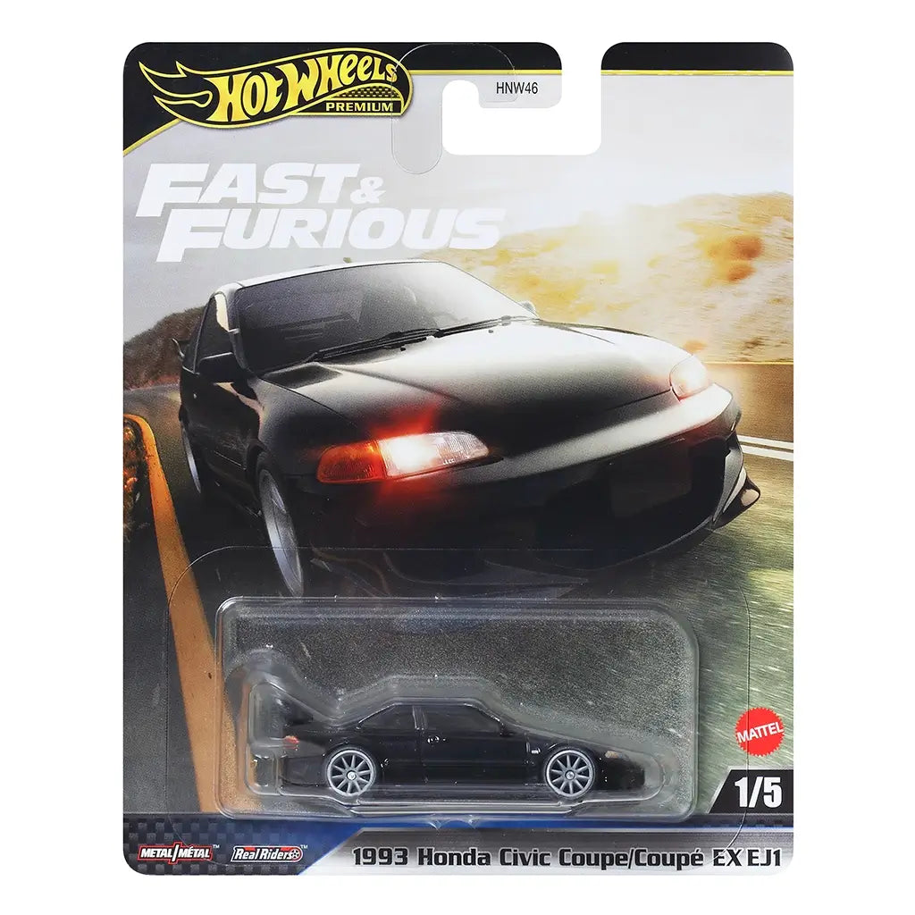 Hot Wheels Premium Fast & Furious Honda Civic packaging showing black metal diecast coupe inside clear blister, bold card art, movie branding, vehicle name text, and dramatic roadway background designed for retail display.