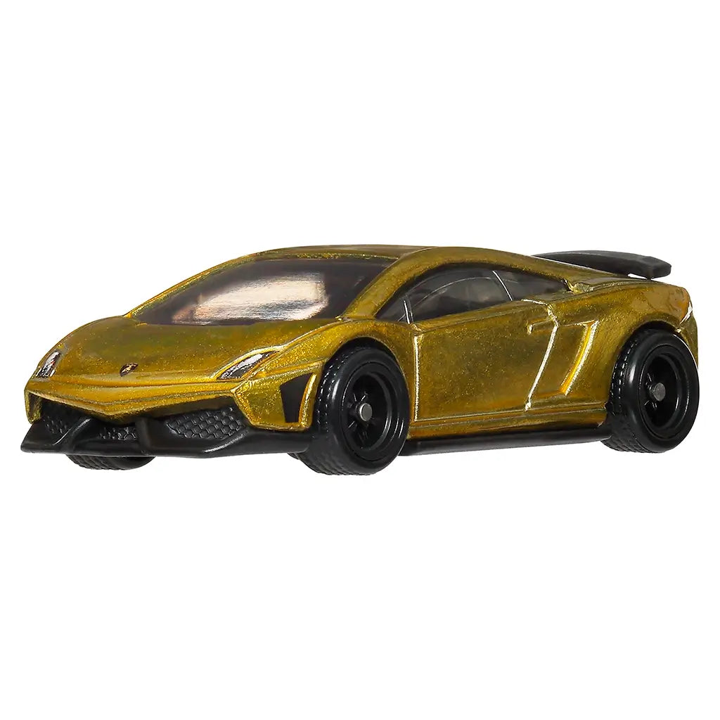 Angled view of Hot Wheels Premium Lamborghini Gallardo LP 570-4 Superleggera, showing metallic gold metal body, sleek aerodynamic lines, black rims, rear spoiler, and realistic proportions photographed on white.