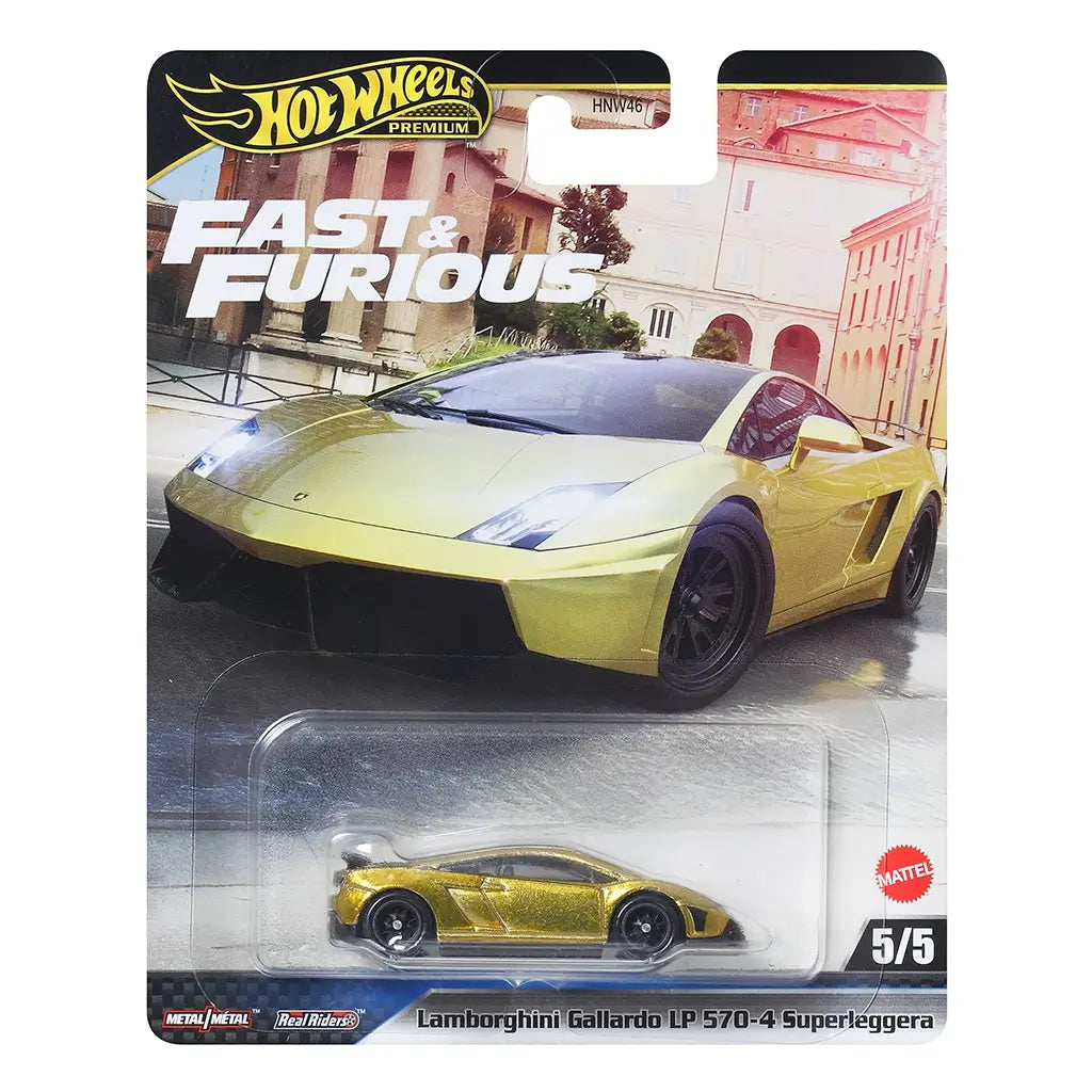 Hot Wheels Premium Fast and Furious Lamborghini Gallardo LP 570-4 Superleggera packaging, featuring gold diecast car in clear blister, branded card art with movie imagery, and series labeling displayed front-facing.