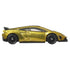 Side view of Hot Wheels Premium Lamborghini Gallardo LP 570-4 Superleggera diecast vehicle, highlighting metallic gold finish, low-slung profile, sculpted doors, black wheels, and racing-inspired stance on white.