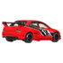 Hot Wheels Mitsubishi Lancer Evolution IX diecast car in bright red metal with sculpted rear bumper, quad tail light details, black rear diffuser, racing graphics, and large rear spoiler, shown from a rear angled view on white.