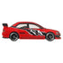 Hot Wheels Mitsubishi Lancer Evolution IX diecast car in bright red metal with sharp side graphics, four-door performance sedan profile, black wheels, side skirts, and tinted windows, presented in a clean side view on white.