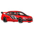Hot Wheels Mitsubishi Lancer Evolution IX diecast car in bright red metal with glossy finish, aggressive sedan shape, black hood panel, white and black racing graphics, black wheels, and rear spoiler, isolated on a white background.