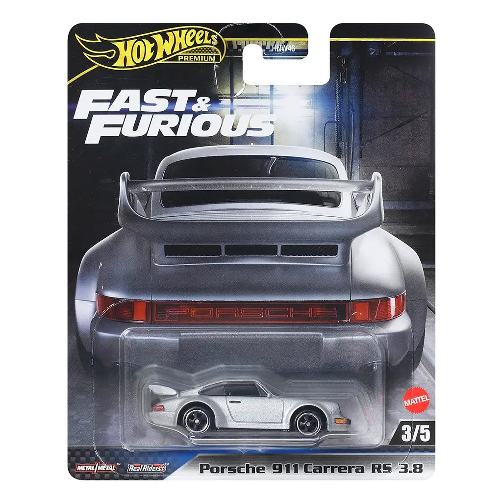 Hot Wheels Premium Fast & Furious Porsche 911 Carrera RS 3.8 packaging showing silver metal diecast coupe inside a clear blister, dramatic movie card art, Fast & Furious branding, model name text, and retail display design.