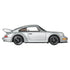 Hot Wheels Porsche 911 Carrera RS 3.8 diecast car in metallic silver metal with smooth side panels, iconic two-door coupe profile, black wheels, flared arches, and tinted windows, presented in a clean side view on white.