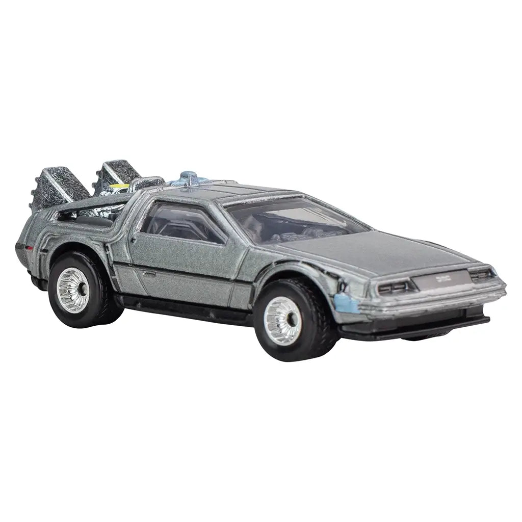 Silver diecast Hot Wheels Back to the Future DeLorean with chrome wheels, detailed rear flux components, and movie-accurate body design shown in angled front-side view.