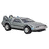 Silver diecast Hot Wheels Back to the Future DeLorean with chrome wheels, detailed rear flux components, and movie-accurate body design shown in angled front-side view.