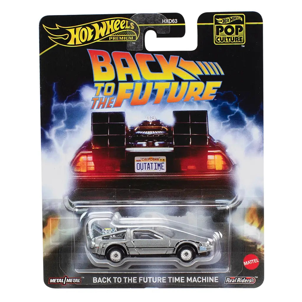 Hot Wheels Premium Back to the Future DeLorean in sealed packaging, featuring lightning-filled artwork of the movie car’s rear with “OUTATIME” plate and bold film logo.