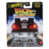 Hot Wheels Premium Back to the Future DeLorean in sealed packaging, featuring lightning-filled artwork of the movie car’s rear with “OUTATIME” plate and bold film logo.